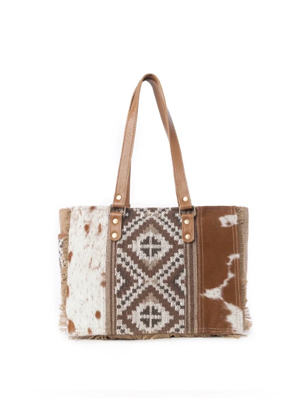 Western Tote Boho-Inspired Brown & Cream Patchwork Tote Bag